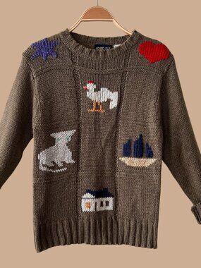 Vintage Animal Sweater, Patchwork Style, Boat, House, Novelty